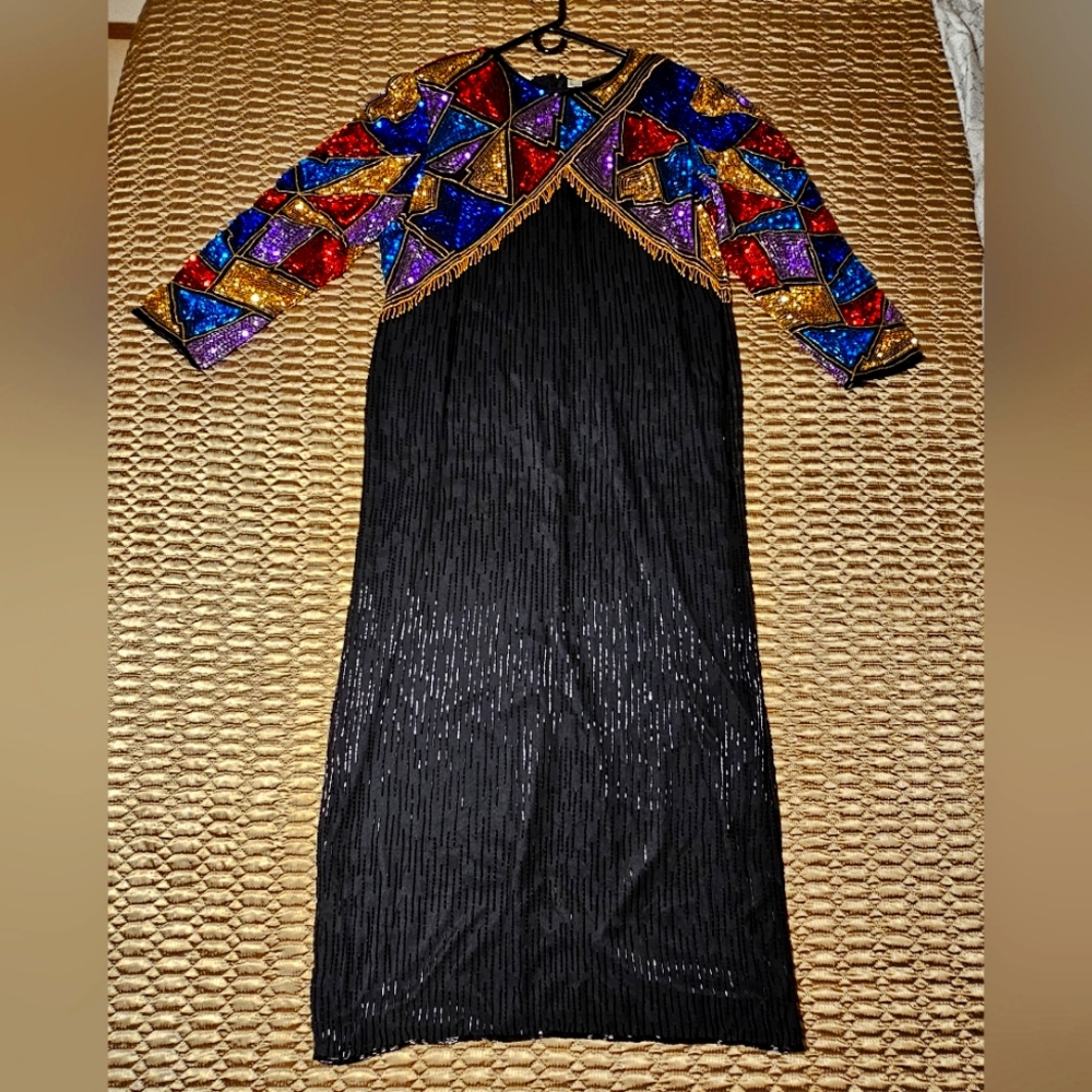Stunning Vintage Laurence Kazar Silk Beaded Gown- Floor Length, Long Sleeves, 2X